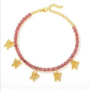 Gold Tennis Butterfly Anklet With Pink CZ Stones